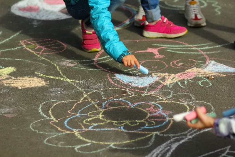 Children Drawing with Chalk on Asphalt Stock Photo Image of school, hand 160854390
