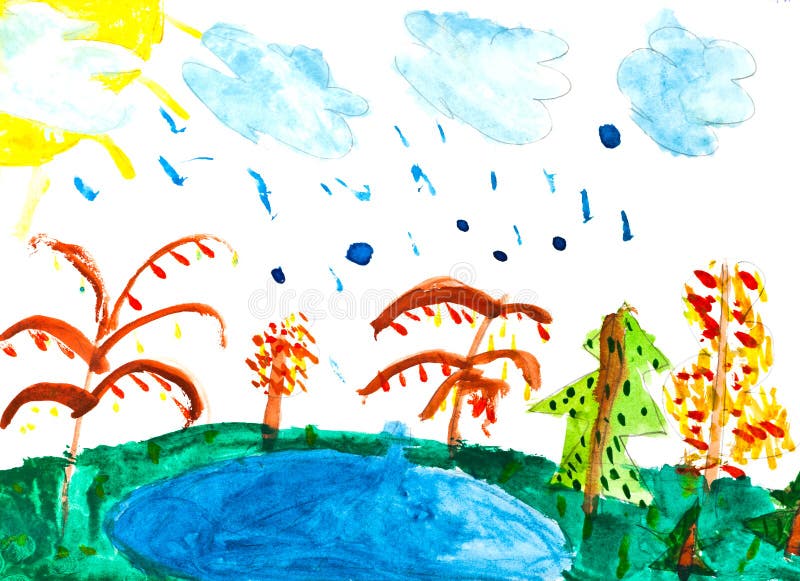 Pencil hand drawing made by little child. Yellow car driving under rainbow  to houses and sun. Rain is going away Stock Photo - Alamy