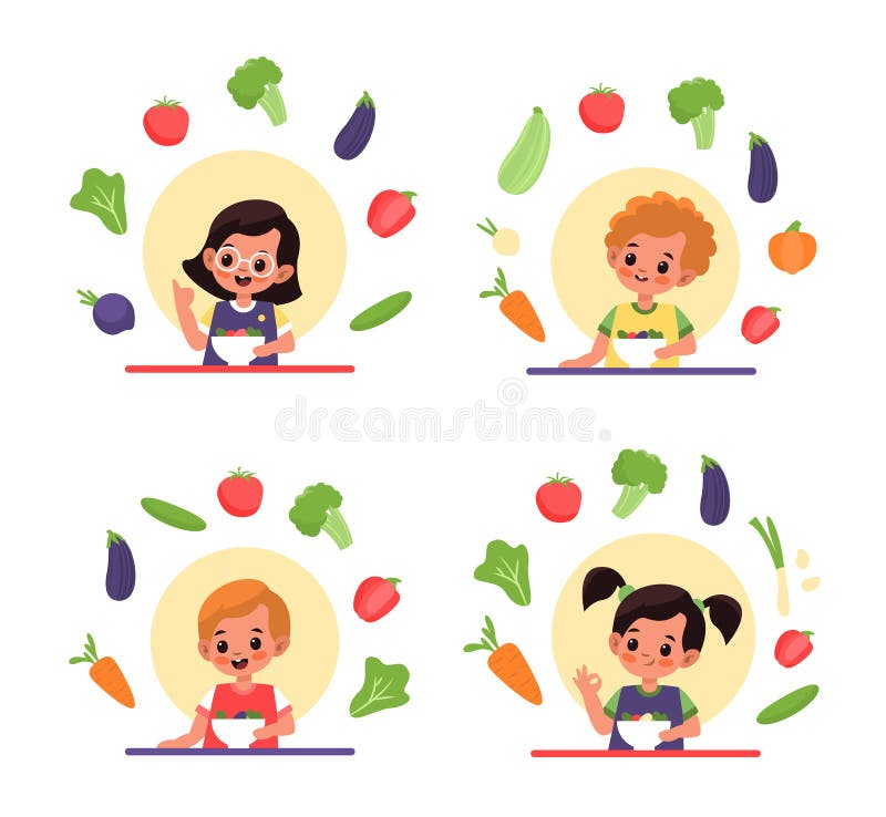 Children eat salad. Vitamin organic food and natural nutrition, kids sitting at table and eat fresh vegetables, boys and