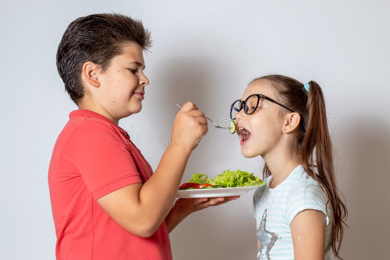 Children Eat Vegetable Salad Stock Photo Image of food, cute 157655626