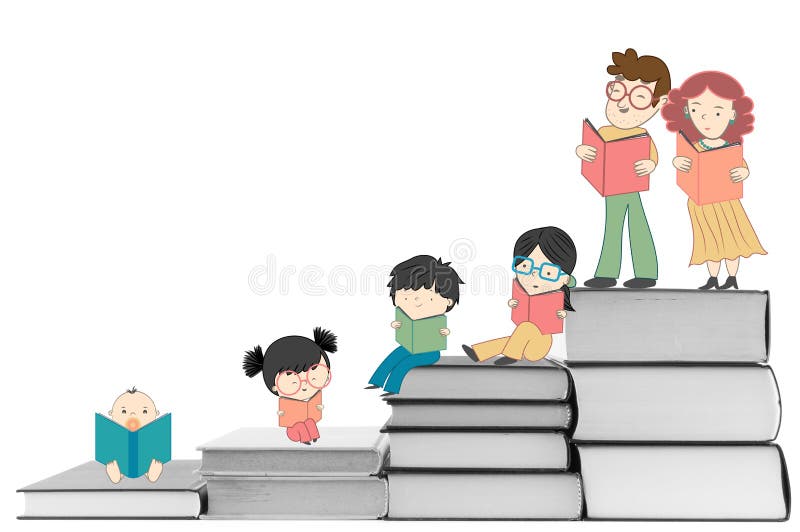 Chlapci a dievčatá čítanie knihy vzdelanie a mladý kultúra rast ilustrácie.