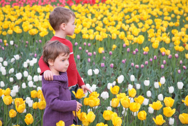 Children on field of tulips