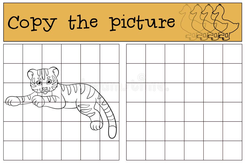 Children games: Copy the picture. Little cute baby tiger lays and smiles.