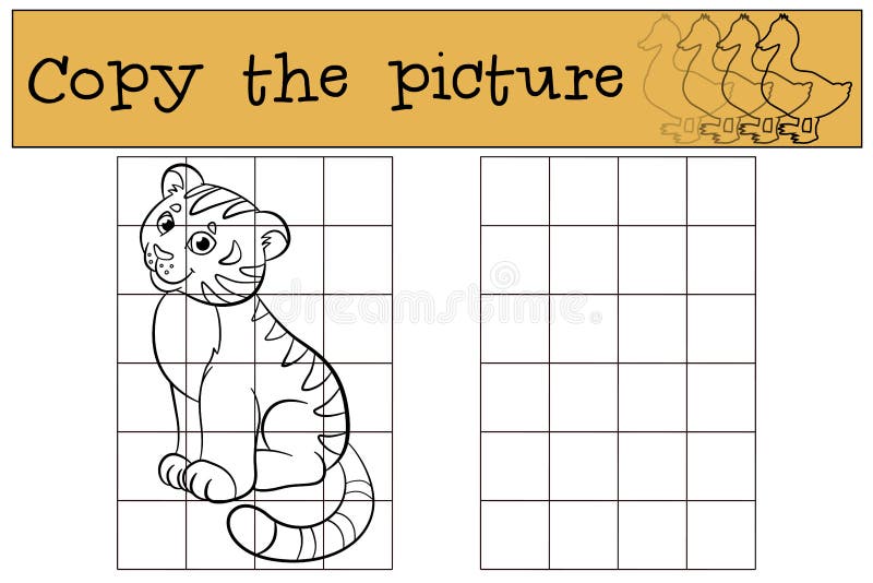 Children games: Copy the picture. Little cute baby tiger sits and smiles.