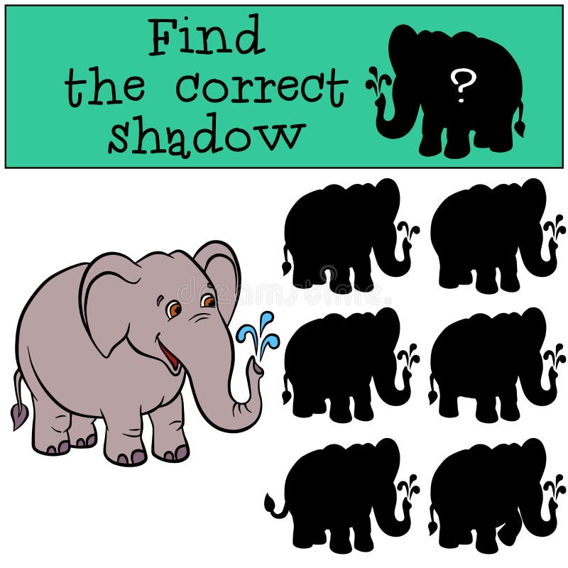 Children games: Find the correct shadow. Cute elephaht.
