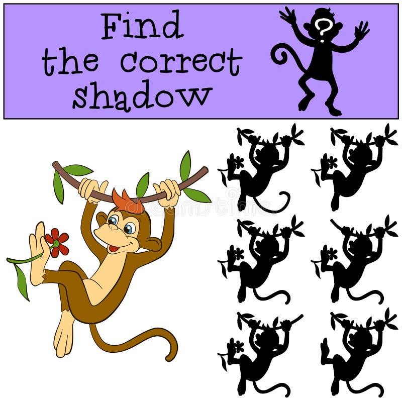 Children games: Find the correct shadow. Little cute monkey.