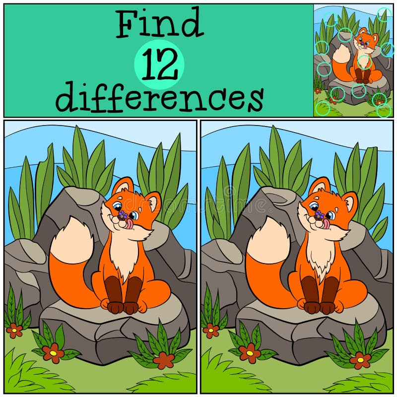 Children games: Find differences. Little cute baby fox looks at the fly on his nose and smiles. Children games: Find differences. Little cute baby fox looks at the fly on his nose and smiles.