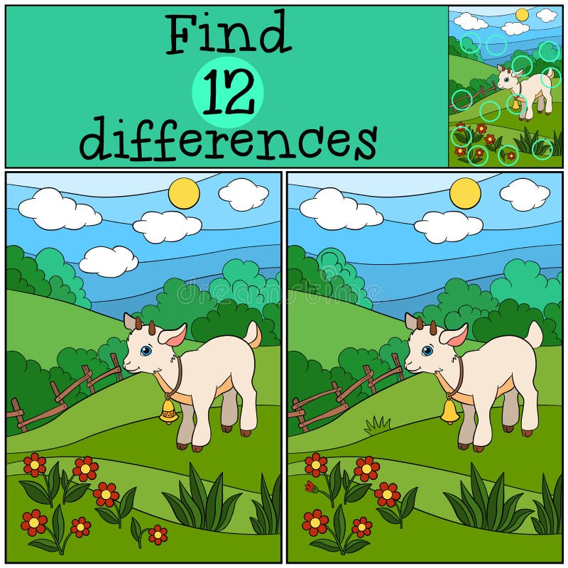 Children games: Find differences. Little cute baby goat stands on the field and smiles. Children games: Find differences. Little cute baby goat stands on the field and smiles.