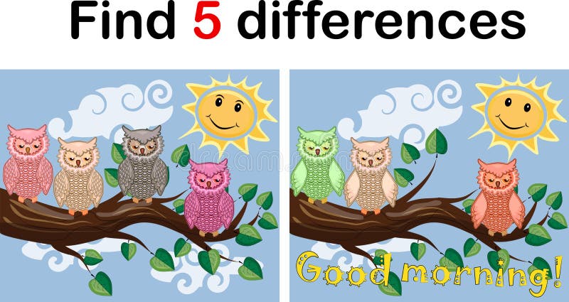 Children Games: Find Differences. Little Cute Owl Sits on the Tree ...