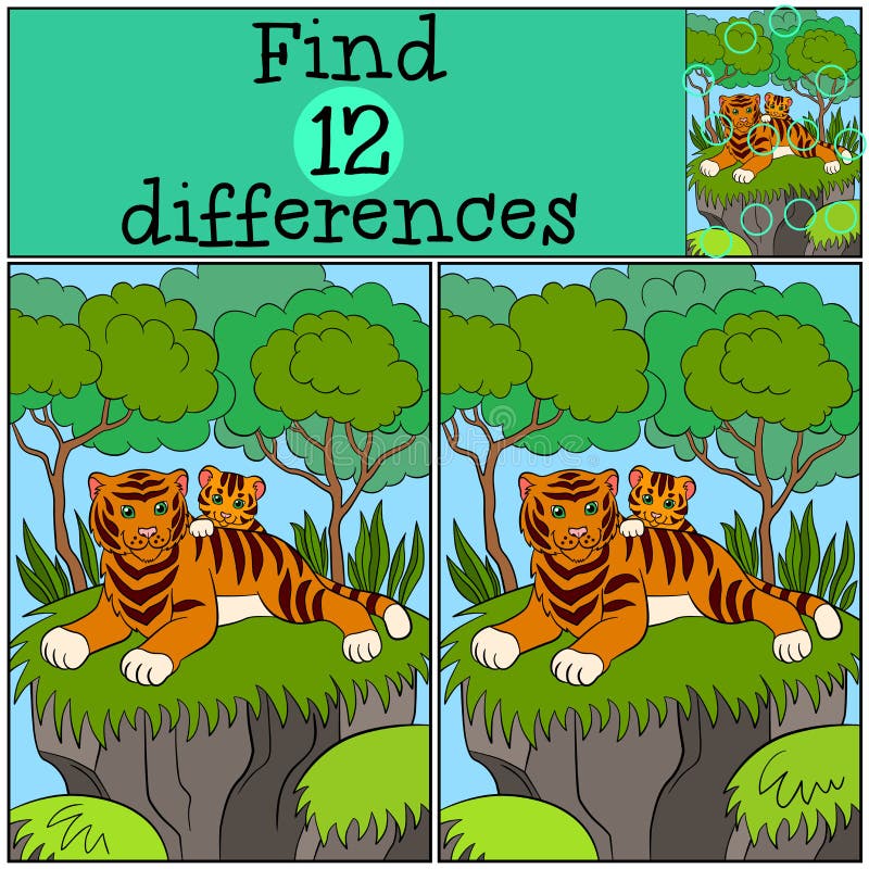 Children games: Find differences. Mother cat lays with her little cute baby tiger and smiles. Children games: Find differences. Mother cat lays with her little cute baby tiger and smiles.