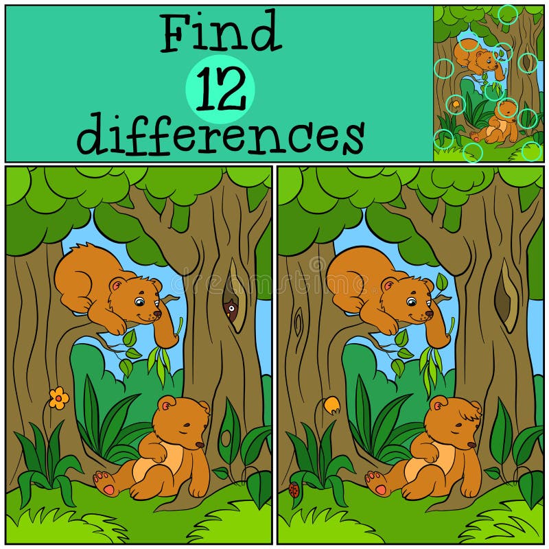 Children games: Find differences. Two little cute baby bears in the forest. Children games: Find differences. Two little cute baby bears in the forest.
