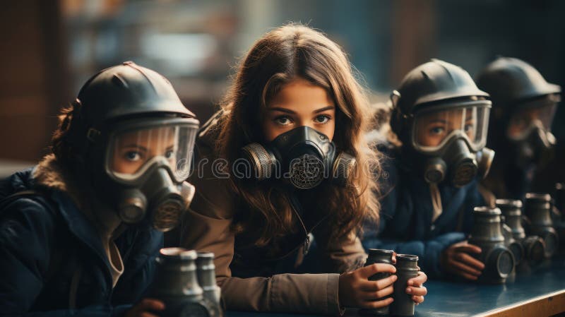 Children in Gas Masks Sitting at School and Learn New Normal Life ...