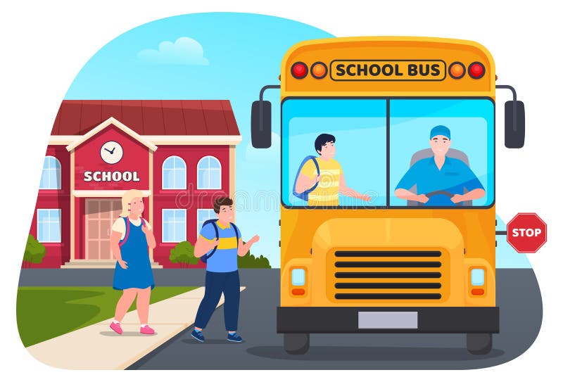 Children get on in yellow bus after school vector flat illustration transportation service of pupils