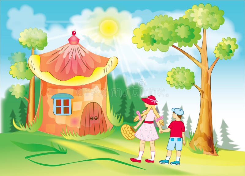 Children go through the fabulous forest stock illustration