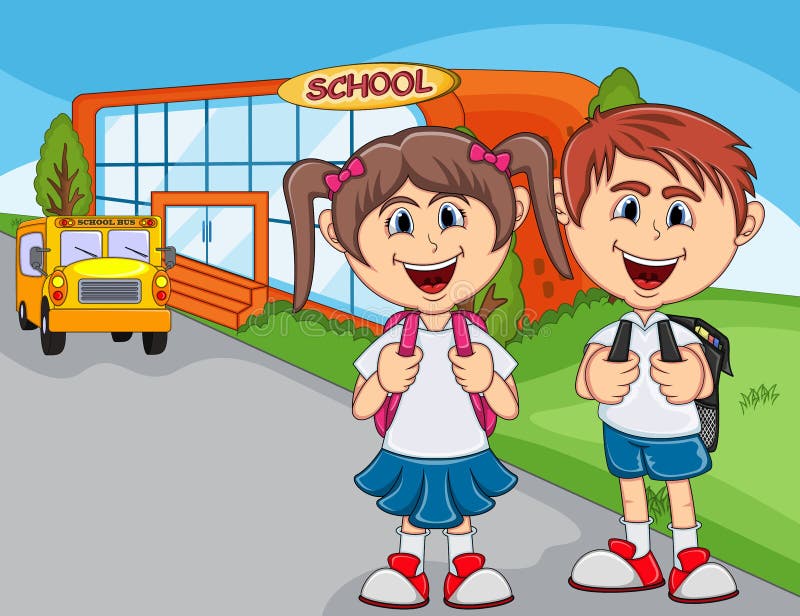 Children Go To School Cartoon Stock Vector - Illustration of house,  building: 85204520