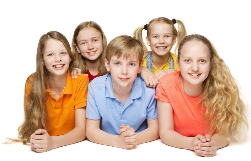 Children Group, Five Kids Girls and Boy Lying over White stock image Children Group, Five Kids Girls and Boy Lying over White stock image