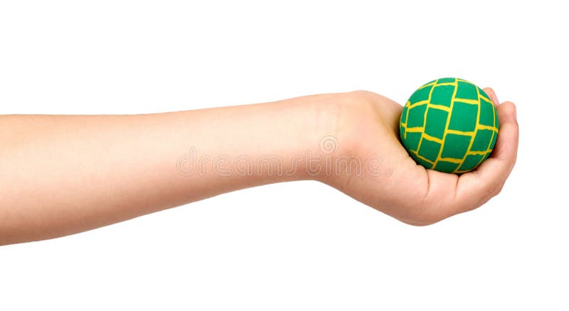 Children hand with color rubber ball, kids educational toy