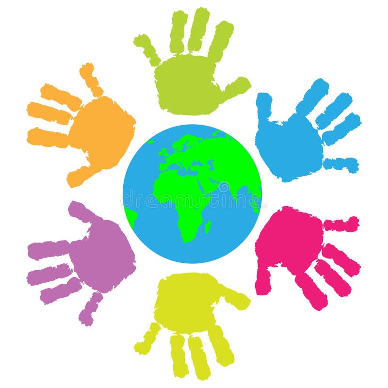 Children hand print around the Earth vector illustration Children hand print around the Earth vector illustration