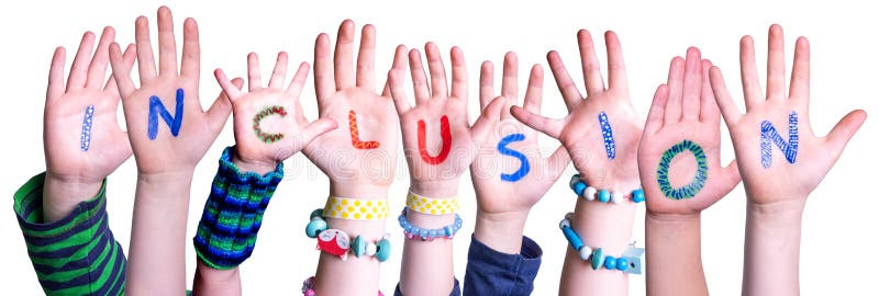 Children Hands Building Word Inclusion, Isolated Background. Children Hands Building Colorful Word Inclusion. White Isolated Background