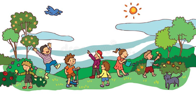 Children having a good time in spring landscape (v