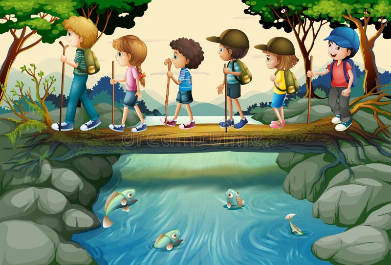 Children Hiking in the Woods Stock Vector - Illustration of scene