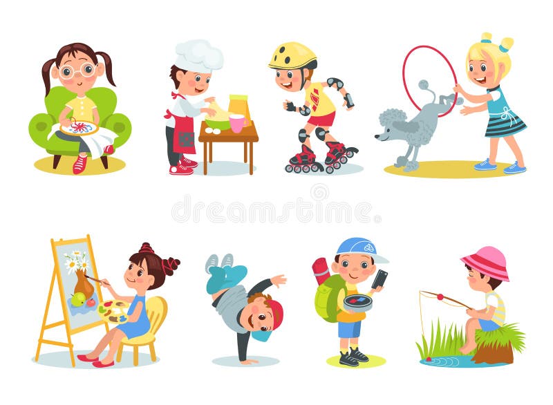 https://thumbs.dreamstime.com/b/children-hobbies-cartoon-kids-characters-different-interests-boys-girls-favorite-attributes-teenagers-painting-funny-254862526.jpg