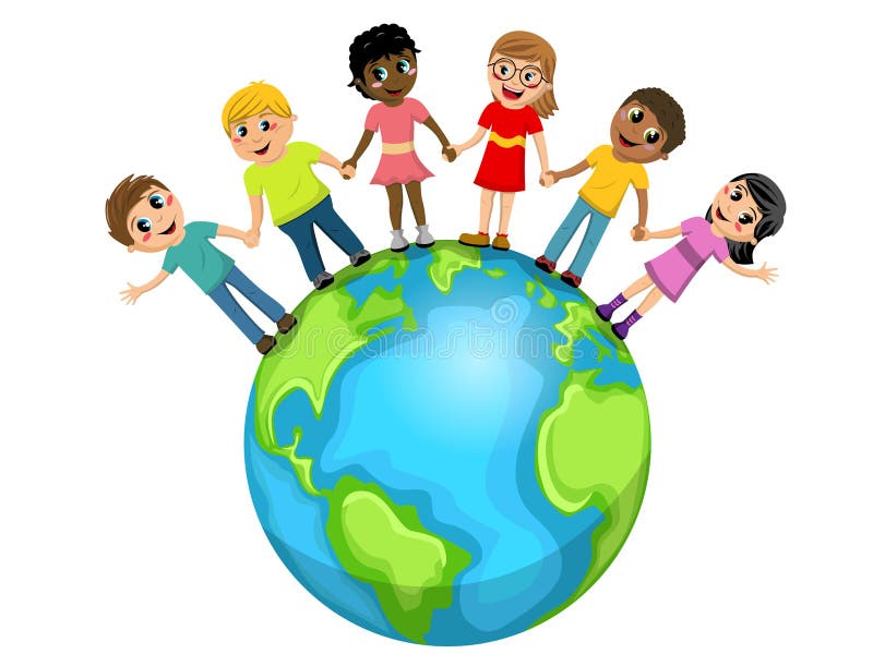 Children kids hand in hand world isolated vector illustration