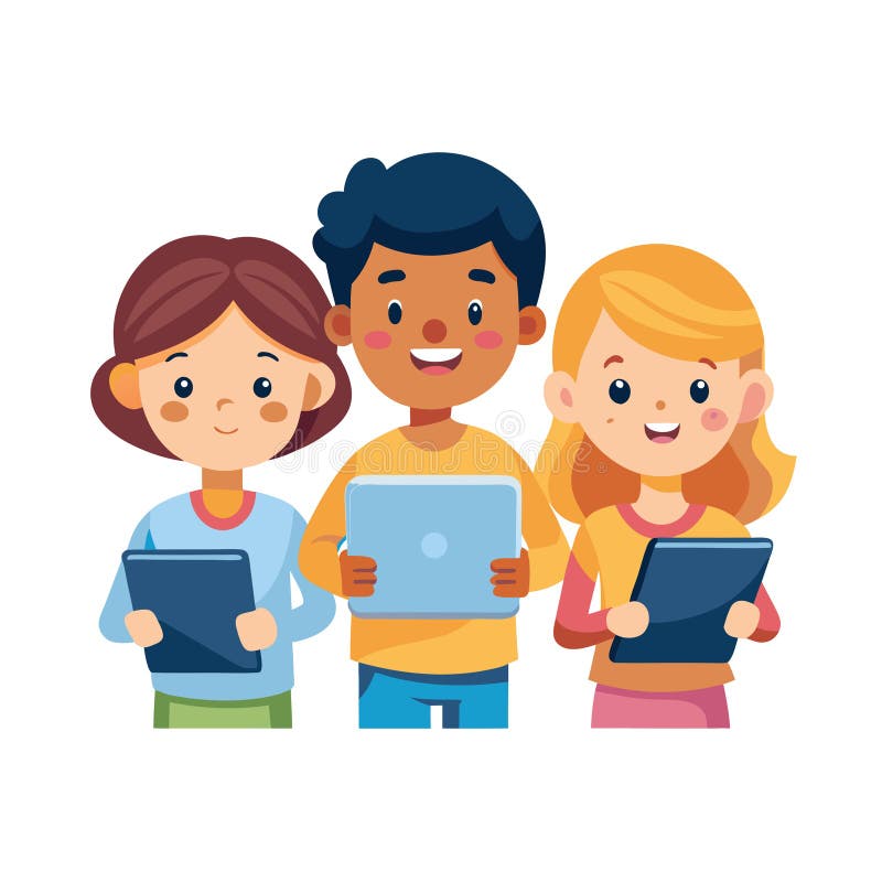 Children Learning Together: Diverse Students with Tablets, Education and Technology Concept vector illustration