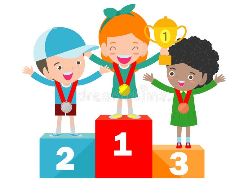 Children with medals for victory stand on the sports pedestal, Medalists kids standing on competition winner podium.