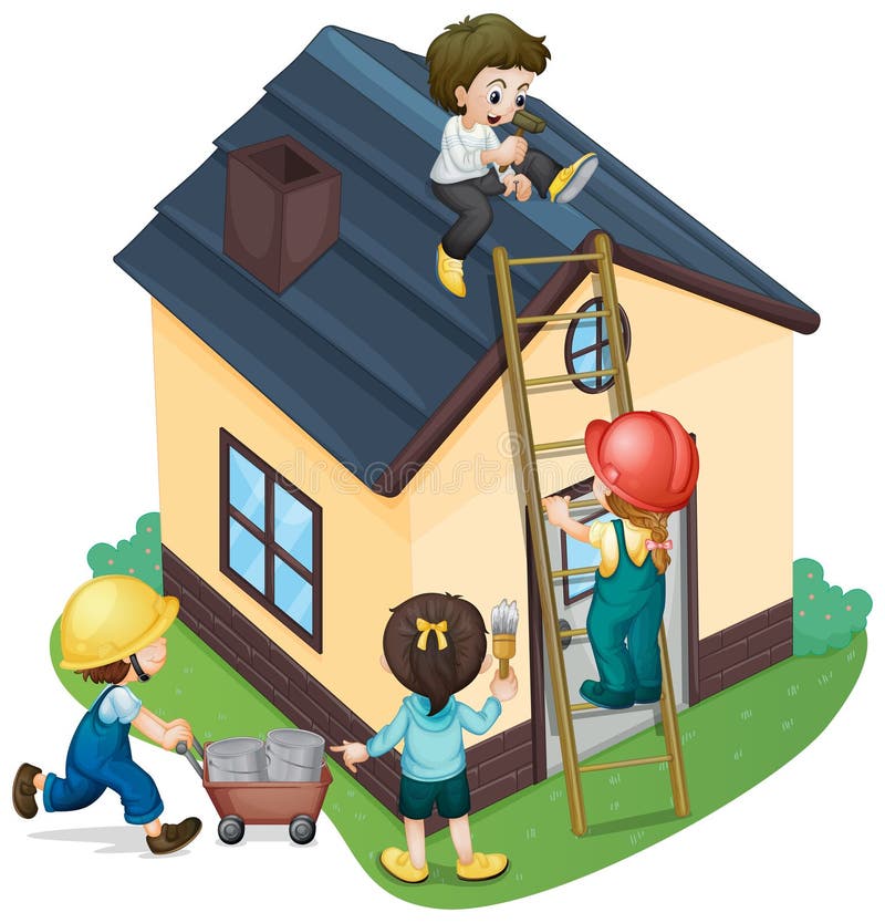 Children Painting and Fixing the House Stock Vector Illustration of