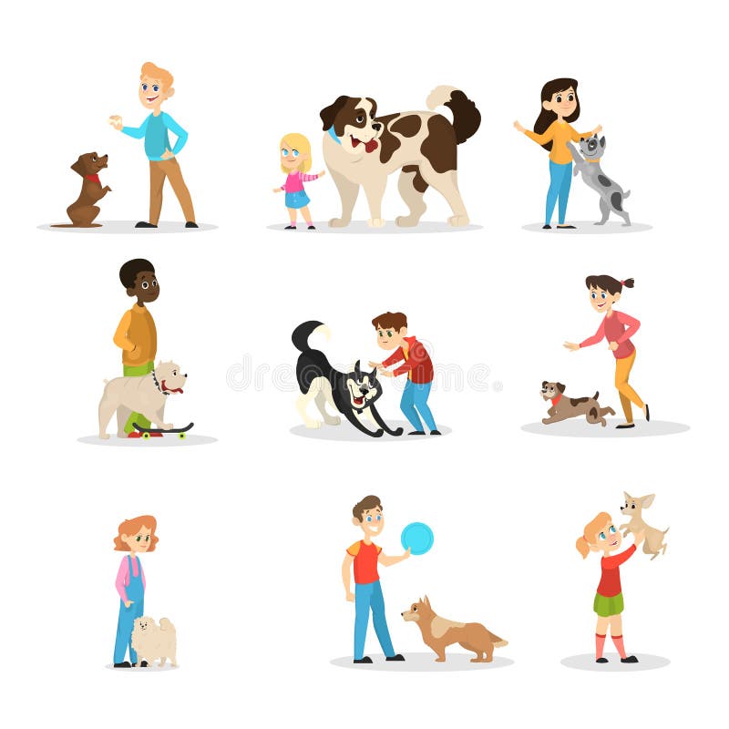 Children Play with Their Dogs Set. Collection of Happy Kid Stock Vector ...