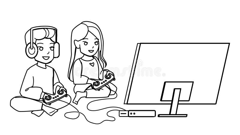 children play video game vector. kid boy girl, home family console, player children play video game character. people black line pencil drawing vector illustration