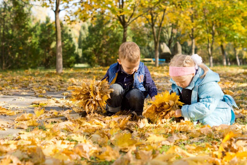 Children playing in a carpet of autumn leaves