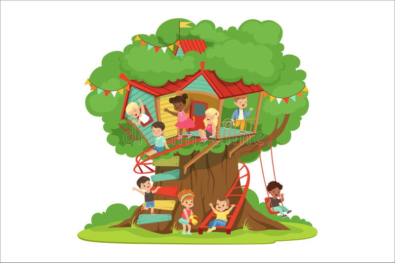 Children playing and having fun in the treehouse, kids playground with swing and ladder colorful detailed vector