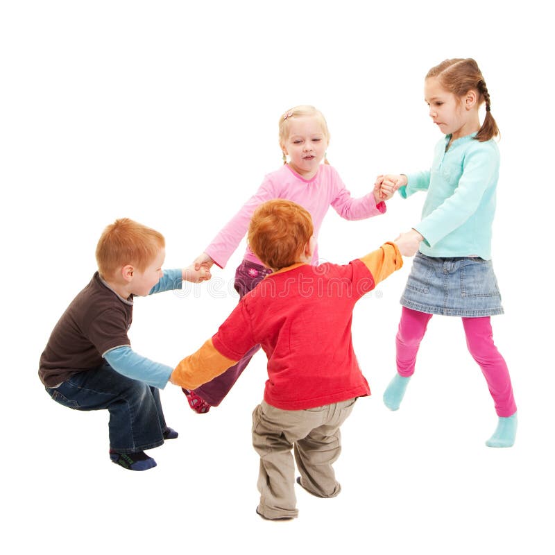 Children playing games holding hands in circle. Isolated on white. Children playing games holding hands in circle. Isolated on white.