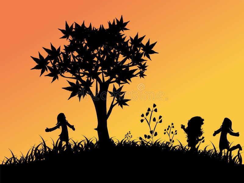 Silhouettes of Children playing outside. Children playing garden vectors