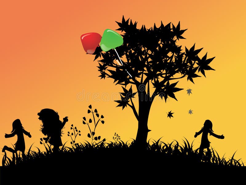 Silhouettes of Children playing outside ，Balloons in the tree. Children playing garden vectors