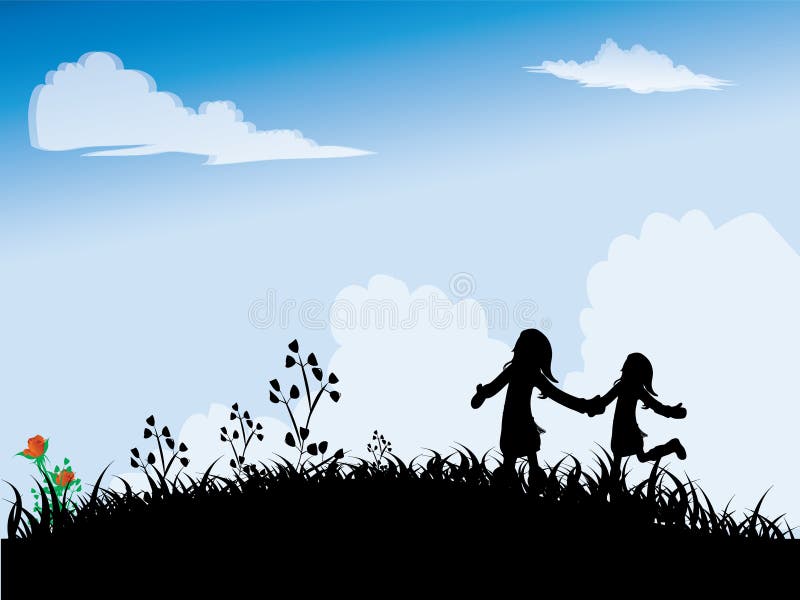 Silhouettes of Children playing outside. Children playing garden vectors