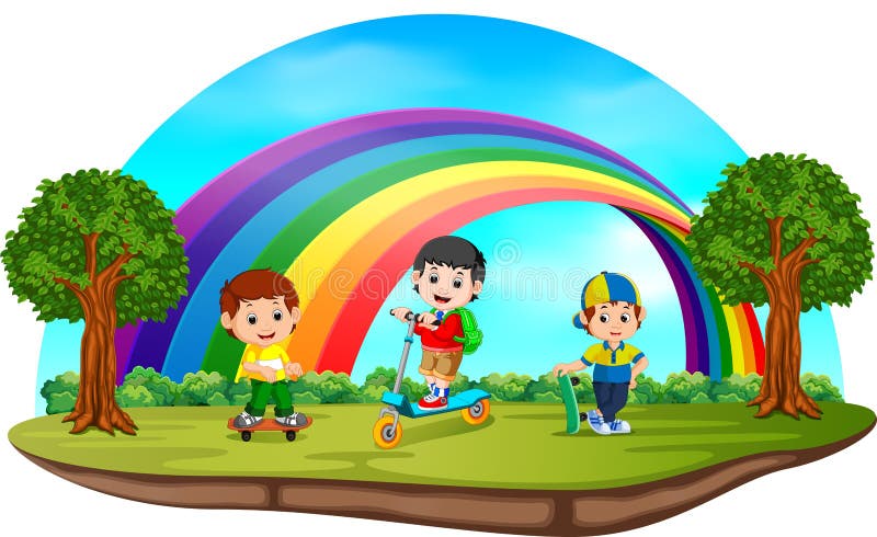 Illustration of Children playing in the park on rainbow day. Children playing garden vectors