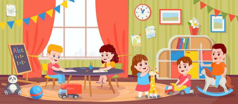 vector flat kids activity in kindergarten set. girl and boy having