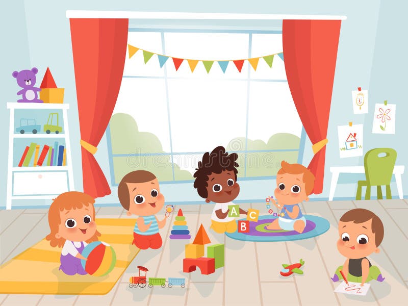 Children playing room. Little new born or 1 years baby with toys indoors vector kids characters