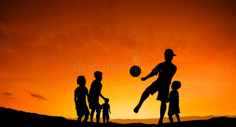 Five children playing soccer - football together.