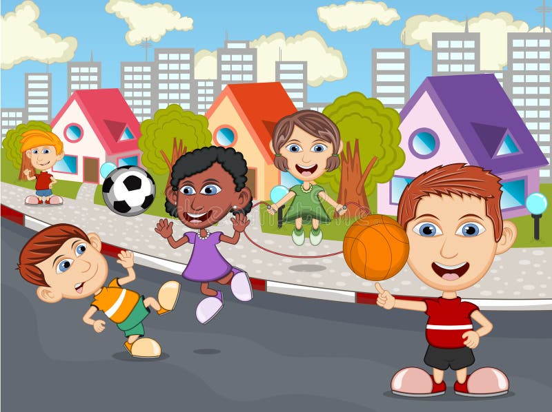 Children Playing on the Street Cartoon Stock Vector - Illustration of  playful, child: 68136383