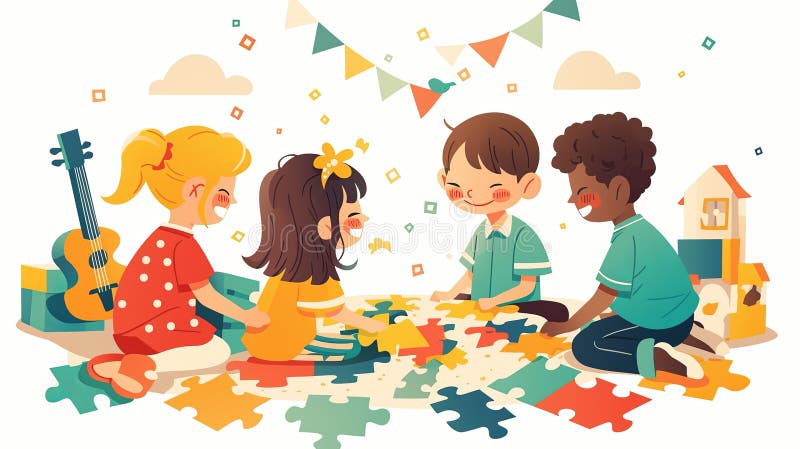Children playing together while assembling a puzzle in a colorful recreation space. A group of cheerful children collaborating on a vibrant puzzle amidst a playful setting. The environment exudes harmony, learning, and interactive creativity, promoting teamwork and joyous expressions as they engage with one another