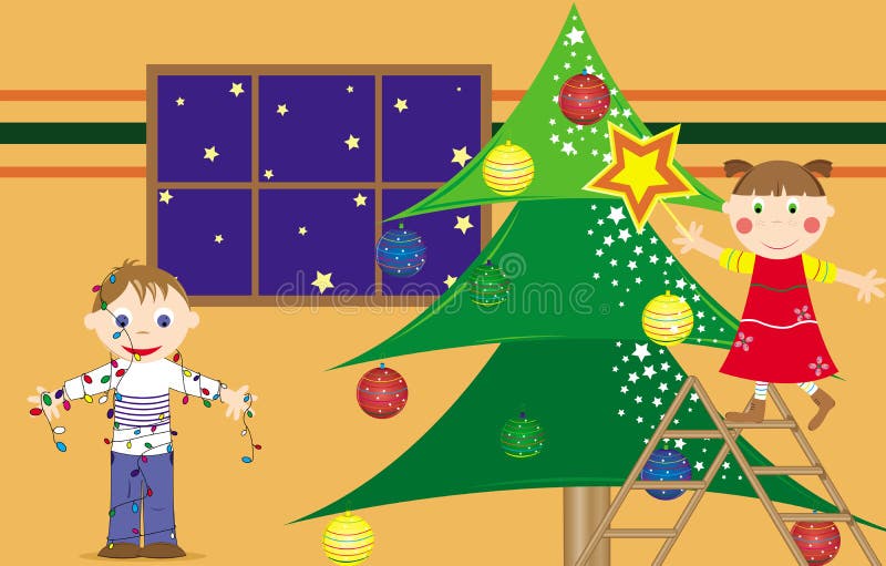 Tento obrázek představuje dvě děti dostat udělat Vánoční stromeček.