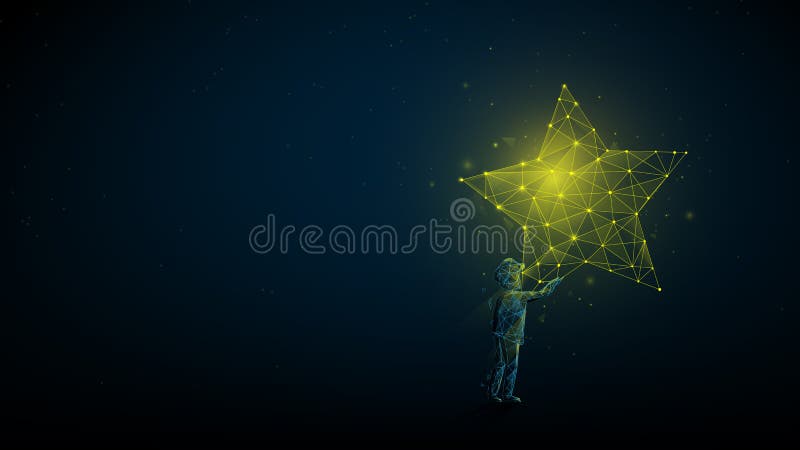 Children Reaching for the Star. Take a Star from the Sky, Dreams and Plans, concept. Low Poly, Wireframe, Line and Dots