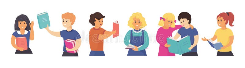 Children reading together. Hand drawn students and school kids holding books and learning. Vector cute children studying vector illustration