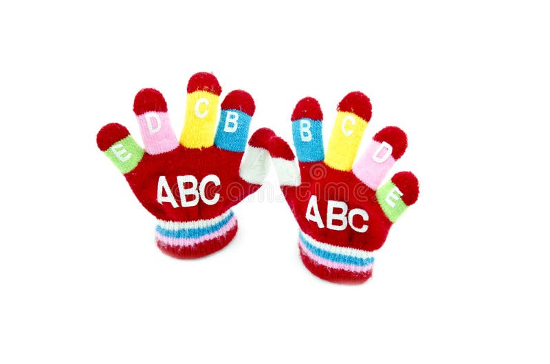 Children red glove with word ABCDEFGIJ