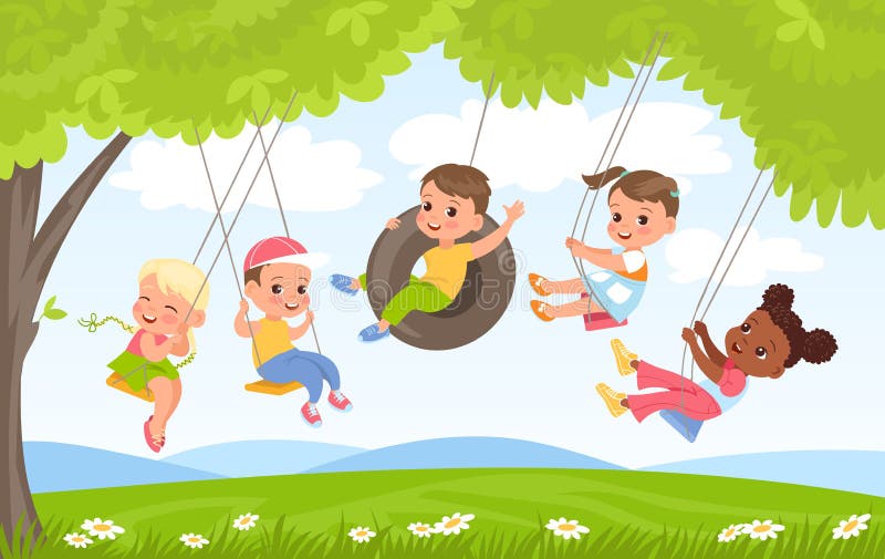Children rope swings. Kids play on nature. Friends group swinging under trees foliage. Flying on wheel tire. Girls and