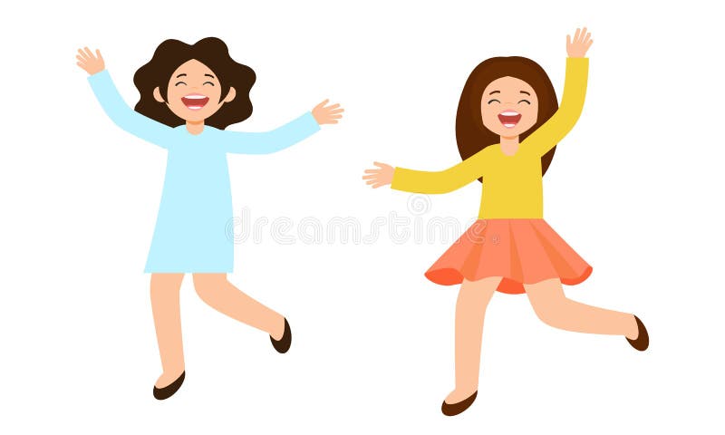 Children run and wave their hands. Girls laugh and bounce